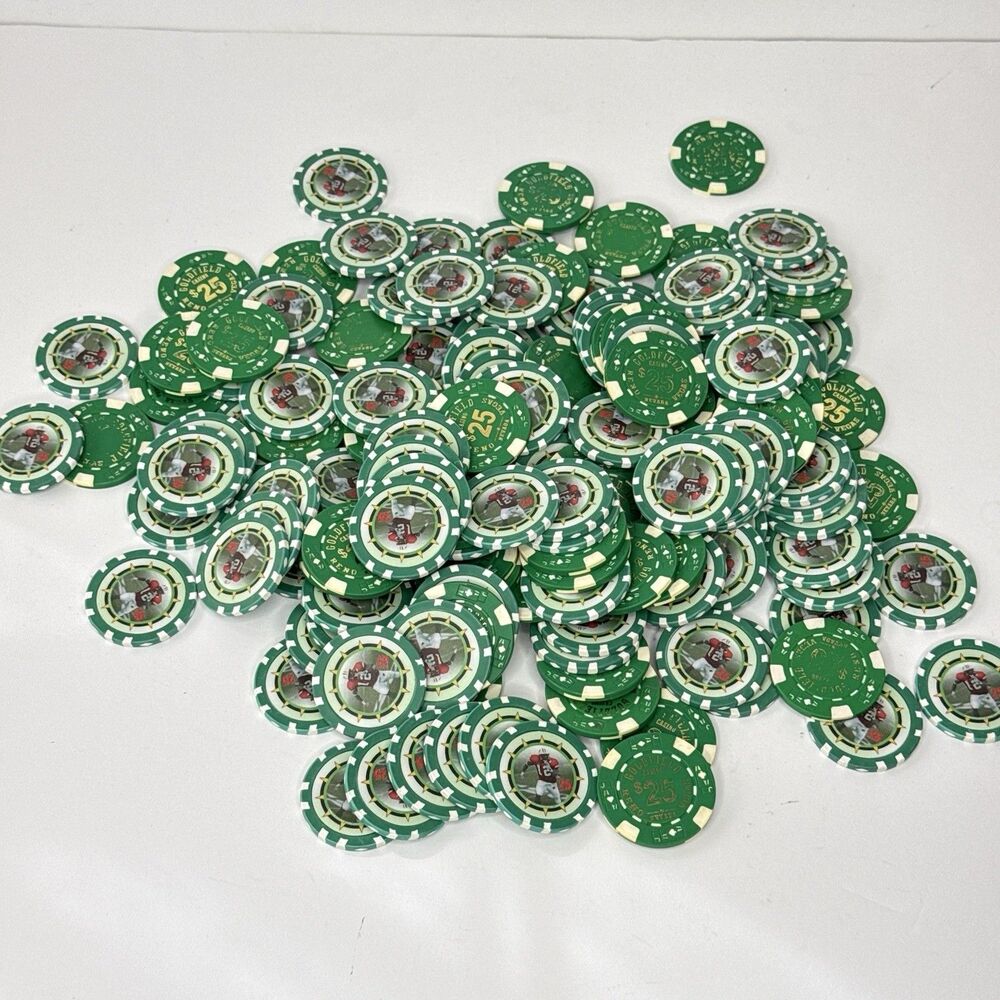 150 Goldfield Casino $25 Green Poker Chips Lot 100 Football #25 50 Reno Nevada